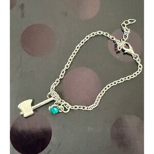 Silver Tone Axe Charm Bracelet with Teal Green Rhinestone Edgy Novelty Jewelry